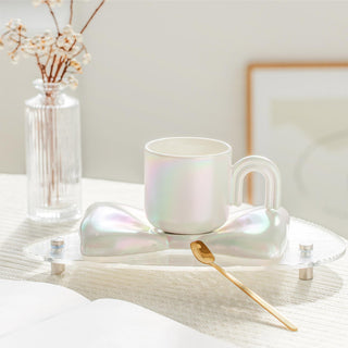Auramma Collections Funky Kawaii Princess Fairy Radiant Pink Purple Green White Arch Handle Tea Cup Bowknot Plate Set