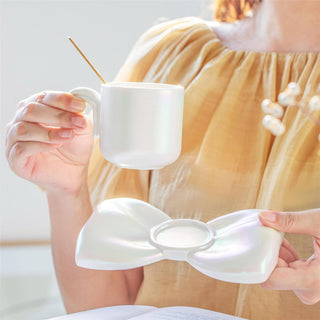 Auramma Collections Funky Kawaii Princess Fairy Radiant Pink Purple Green White Arch Handle Tea Cup Bowknot Plate Set