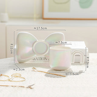 Auramma Collections Funky Kawaii Princess Fairy Radiant Pink Purple Green White Arch Handle Tea Cup Bowknot Plate Set