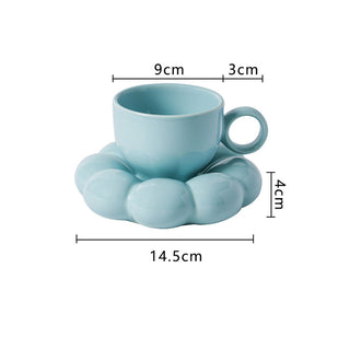 Auramma Collections Funky Kawaii Pastel Blue Yellow Pink Pearl White Cup Mug Puffy Cloud Flower Plate Coaster Set