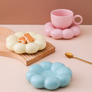 Auramma Collections Funky Kawaii Pastel Blue Yellow Pink Pearl White Cup Mug Puffy Cloud Flower Plate Coaster Set