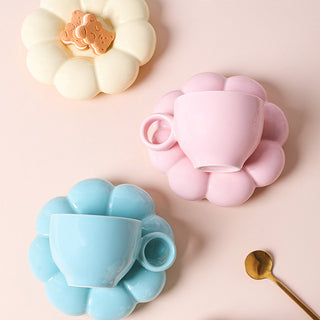 Auramma Collections Funky Kawaii Pastel Blue Yellow Pink Pearl White Cup Mug Puffy Cloud Flower Plate Coaster Set