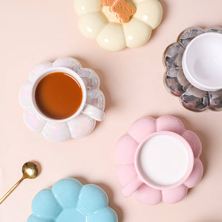 Auramma Collections Funky Kawaii Pastel Blue Yellow Pink Pearl White Cup Mug Puffy Cloud Flower Plate Coaster Set