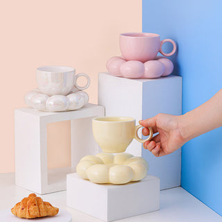 Auramma Collections Funky Kawaii Pastel Blue Yellow Pink Pearl White Cup Mug Puffy Cloud Flower Plate Coaster Set