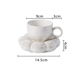 Auramma Collections Funky Kawaii Pastel Blue Yellow Pink Pearl White Cup Mug Puffy Cloud Flower Plate Coaster Set