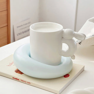 Auramma Collections Funky Kawaii Plain Matte Blue Hopping Rabbit Bunny Handle Mug Chubby Round Plate Set