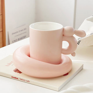 Auramma Collections Funky Kawaii Plain Matte Pink Hopping Rabbit Bunny Handle Mug Chubby Round Plate Set