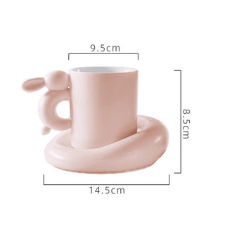 Auramma Collections Funky Kawaii Plain Matte Pink Yellow Blue Hopping Rabbit Bunny Handle Mug Chubby Round Plate Set