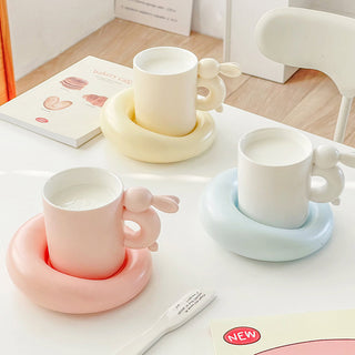 Auramma Collections Funky Kawaii Plain Matte Pink Yellow Blue Hopping Rabbit Bunny Handle Mug Chubby Round Plate Set