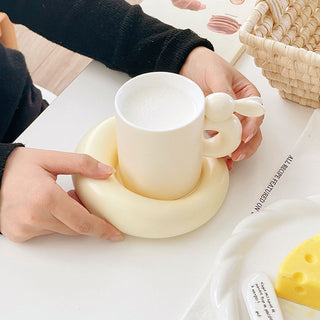 Auramma Collections Funky Kawaii Plain Matte Pink Yellow Blue Hopping Rabbit Bunny Handle Mug Chubby Round Plate Set