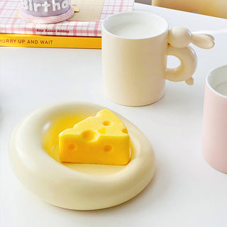Auramma Collections Funky Kawaii Plain Matte Pink Yellow Blue Hopping Rabbit Bunny Handle Mug Chubby Round Plate Set
