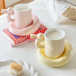 Auramma Collections Funky Kawaii Plain Matte Pink Yellow Blue Hopping Rabbit Bunny Handle Mug Chubby Round Plate Set