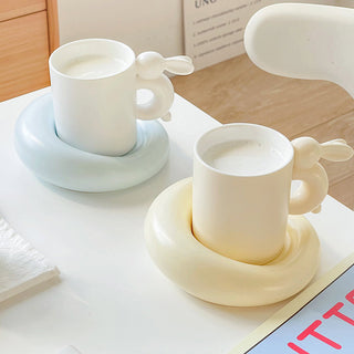 Auramma Collections Funky Kawaii Plain Matte Pink Yellow Blue Hopping Rabbit Bunny Handle Mug Chubby Round Plate Set