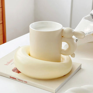 Auramma Collections Funky Kawaii Plain Matte Yellow Hopping Rabbit Bunny Handle Mug Chubby Round Plate Set