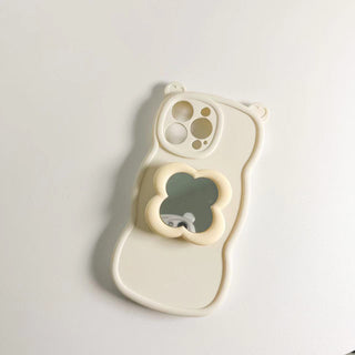 Auramma Collections Funky Kawaii Wine Red White Green Pink Plain Bear Ears Wavy Edge Matching Flower Shaped Mirror Pull Out Grip Soft TPU Case iPhone 14 13 12 11 Pro Max X XS XR