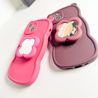 Auramma Collections Funky Kawaii Wine Red White Green Pink Plain Bear Ears Wavy Edge Matching Flower Shaped Mirror Pull Out Grip Soft TPU Case iPhone 14 13 12 11 Pro Max X XS XR
