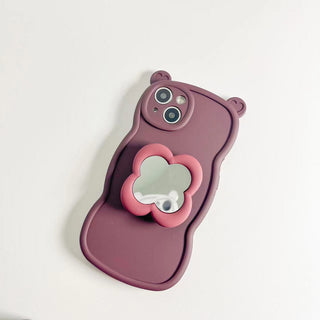 Auramma Collections Funky Kawaii Wine Red White Green Pink Plain Bear Ears Wavy Edge Matching Flower Shaped Mirror Pull Out Grip Soft TPU Case iPhone 14 13 12 11 Pro Max X XS XR