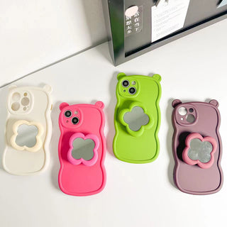 Auramma Collections Funky Kawaii Wine Red White Green Pink Plain Bear Ears Wavy Edge Matching Flower Shaped Mirror Pull Out Grip Soft TPU Case iPhone 14 13 12 11 Pro Max X XS XR