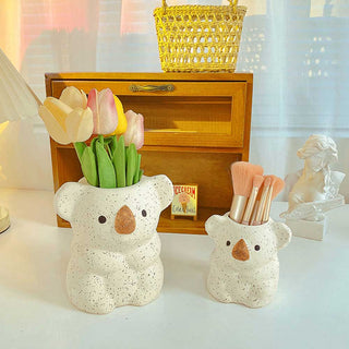 Auramma Collections Cute Ceramic Freckles Glossy Koala Baby Mama Design Practical Home Decor Pen Brush Holder Indoor Planter Vase