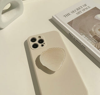 Auramma Collections Matte Light Cream TPU Case with a Matching Color Seashell Shaped Pull Out Grip for iPhone 13 12 11 Pro Max Mini X XS XR 7 8 Plus