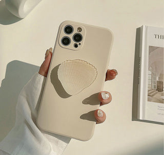 Auramma Collections Matte Light Cream TPU Case with a Matching Color Seashell Shaped Pull Out Grip for iPhone 13 12 11 Pro Max Mini X XS XR 7 8 Plus