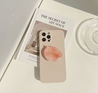 Auramma Collections Matte Plain Light Beige Case Matching Flower Petal Shaped Pull Out Grip for iPhone 12 11 Pro Max Mini X XS XR 7 8 Plus