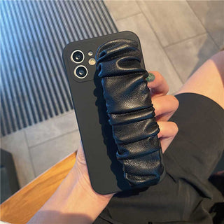 Auramma Collections Matte Soft Plain Light Cream Black Case with Faux Leather Brown White Black Wrinkles Wrist Strap for iPhone 14 13 12 11 Pro Max Mini X XS XR 7 8 Plus