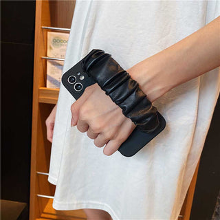 Auramma Collections Matte Soft Plain Light Cream Black Case with Faux Leather Brown White Black Wrinkles Wrist Strap for iPhone 14 13 12 11 Pro Max Mini X XS XR 7 8 Plus