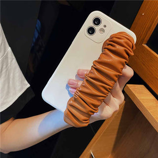 Auramma Collections Matte Soft Plain Light Cream Black Case with Faux Leather Brown White Black Wrinkles Wrist Strap for iPhone 14 13 12 11 Pro Max Mini X XS XR 7 8 Plus