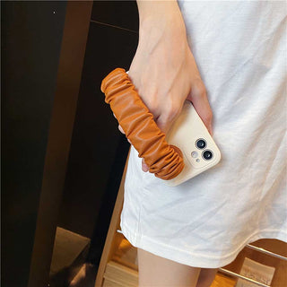 Auramma Collections Matte Soft Plain Light Cream Black Case with Faux Leather Brown White Black Wrinkles Wrist Strap for iPhone 14 13 12 11 Pro Max Mini X XS XR 7 8 Plus