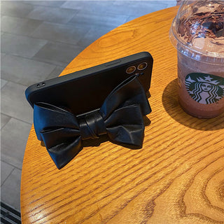 Auramma Collections Plain Color Matte TPU Case with Big Brown Black White Faux Leather Bow Ribbon for iPhone 14 13 12 11 Pro Max Mini Plus