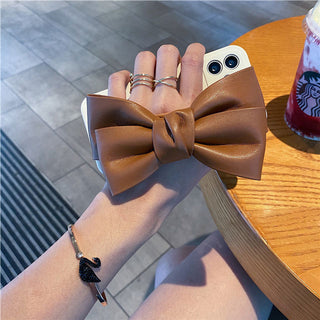 Auramma Collections Plain Color Matte TPU Case with Big Brown Black White Faux Leather Bow Ribbon for iPhone 14 13 12 11 Pro Max Mini Plus