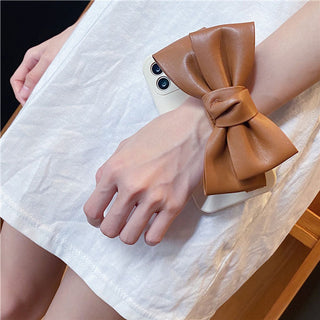 Auramma Collections Plain Color Matte TPU Case with Big Brown Black White Faux Leather Bow Ribbon for iPhone 14 13 12 11 Pro Max Mini Plus