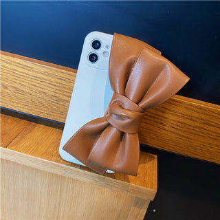 Auramma Collections Plain Color Matte TPU Case with Big Brown Black White Faux Leather Bow Ribbon for iPhone 14 13 12 11 Pro Max Mini Plus