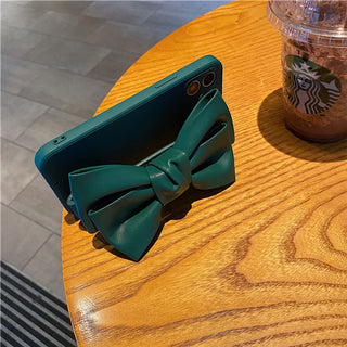 Auramma Collections Plain Color Matte TPU Case with Big Brown Black White Faux Leather Bow Ribbon for iPhone 14 13 12 11 Pro Max Mini Plus