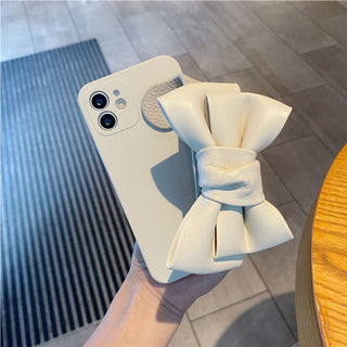 Auramma Collections Plain Color Matte TPU Case with Big Brown Black White Faux Leather Bow Ribbon for iPhone 14 13 12 11 Pro Max Mini Plus