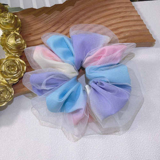 Auramma Collections Pastel Blue Purple Pink Green Yellow Color Ombre Gradient Double Layer White Sheer Scrunchie
