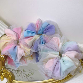 Auramma Collections Pastel Blue Purple Pink Green Yellow Color Ombre Gradient Double Layer White Sheer Scrunchie