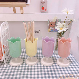 Auramma Collections Cute Japanese Style Pastel Green Yellow Purple Pink Tulip Holder For Pencil Pen Makeup Paint Brushes
