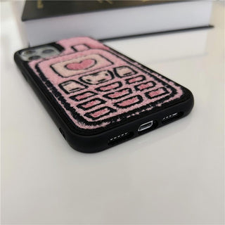 Auramma Collections Plush Pink Heart Brick Cell Mobile Phone Winter TPU Case iPhone 15 14 13 12 11 Pro Max