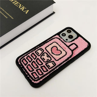 Auramma Collections Plush Pink Heart Brick Cell Mobile Phone Winter TPU Case iPhone 15 14 13 12 11 Pro Max