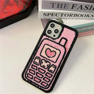 Auramma Collections Plush Pink Heart Brick Cell Mobile Phone Winter TPU Case iPhone 15 14 13 12 11 Pro Max