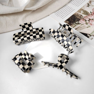 Auramma Collections Retro 90s Fashion Black White Checkerboard Small Large Hollow Box Keel Twist Hair Claw Clip