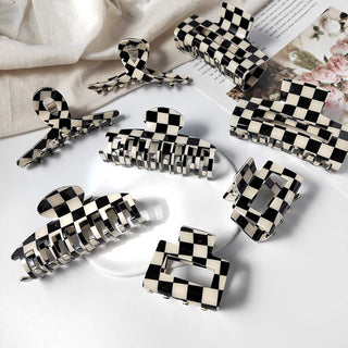 Auramma Collections Retro 90s Fashion Black White Checkerboard Small Large Hollow Box Keel Twist Hair Claw Clip