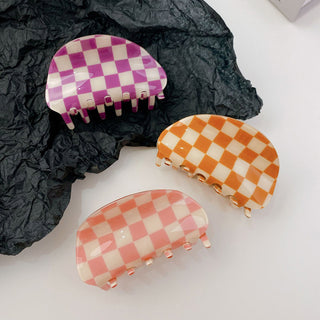 Auramma Collections Classic Retro 90s Fashion Colorful Black Orange Purple Pink Blue Green Yellow Checkerboard Half Moon Hair Claw Clip