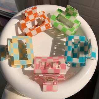 Auramma Collections Retro Fashion Colorful Checkerboard Pink Blue Green Orange Cream White Hollow Small Hair Claw Clip