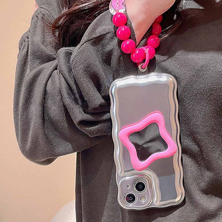 Auramma Collections Silver Wavy Bumper Puffy Cushion Style Pink Warped Mirror Beaded Charm TPU case iPhone 14 13 12 11 Pro Max Plus