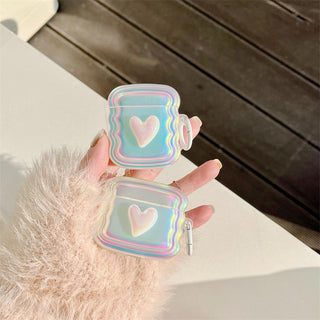 Auramma Collections Wavy 3D Radiant Color Pearl White Warped Heart Shaped Keyring Soft TPU Case AirPods 1 2 3 Pro