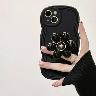 Auramma Collections Wavy Black White Pearl Flower Pop Socket Matching Beaded Charm Soft TPU Case iPhone 16 15 14 13 12 11 Pro Max Plus X XS XR