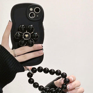 Auramma Collections Wavy Black White Pearl Flower Pop Socket Matching Beaded Charm Soft TPU Case iPhone 16 15 14 13 12 11 Pro Max Plus X XS XR